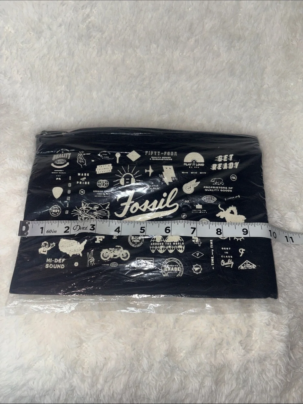 Fossil VintageGraphic Zipper Pouch Black Canvas Cosmetic Utility Bag New